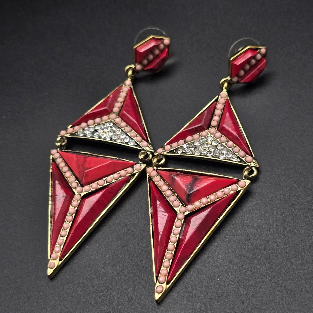 Red Pink Rhinestone Geometric Earrings Triangular - Picture 6 of 8